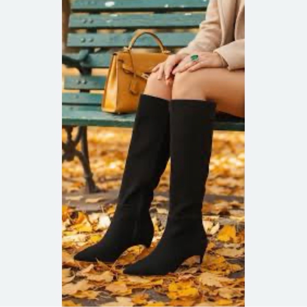 NWOB Antonio Melani knee high boots 7 black suede kitten heels pointed toe $180